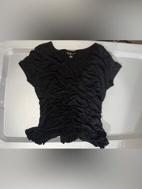 Ruched V-Neck Short Sleeve Top — Black